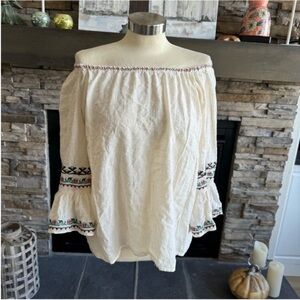 Max Studio White Off-Shoulder Blouse with Embroidered Sleeves